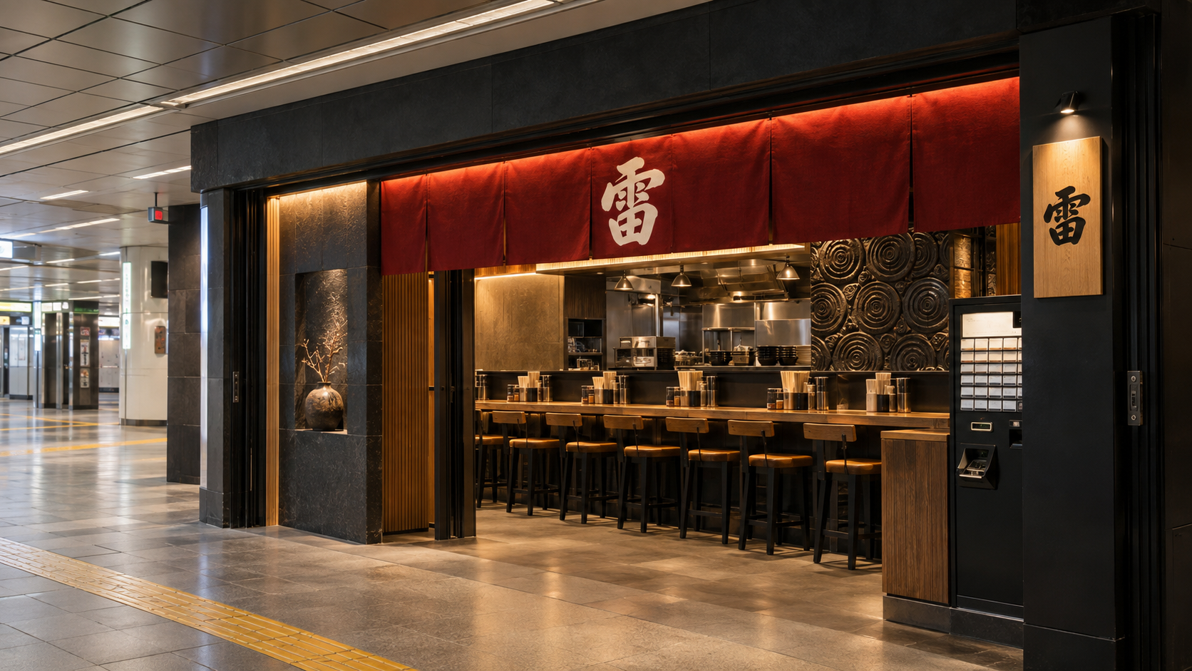 AI-generated reference image of a compact ramen counter inside a Japanese railway station